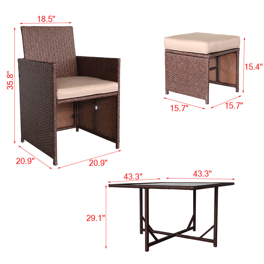 9 Pieces Wood Grain PE Wicker Rattan Dining Ottoman with Tempered Glass Table Patio Furniture Set YJ