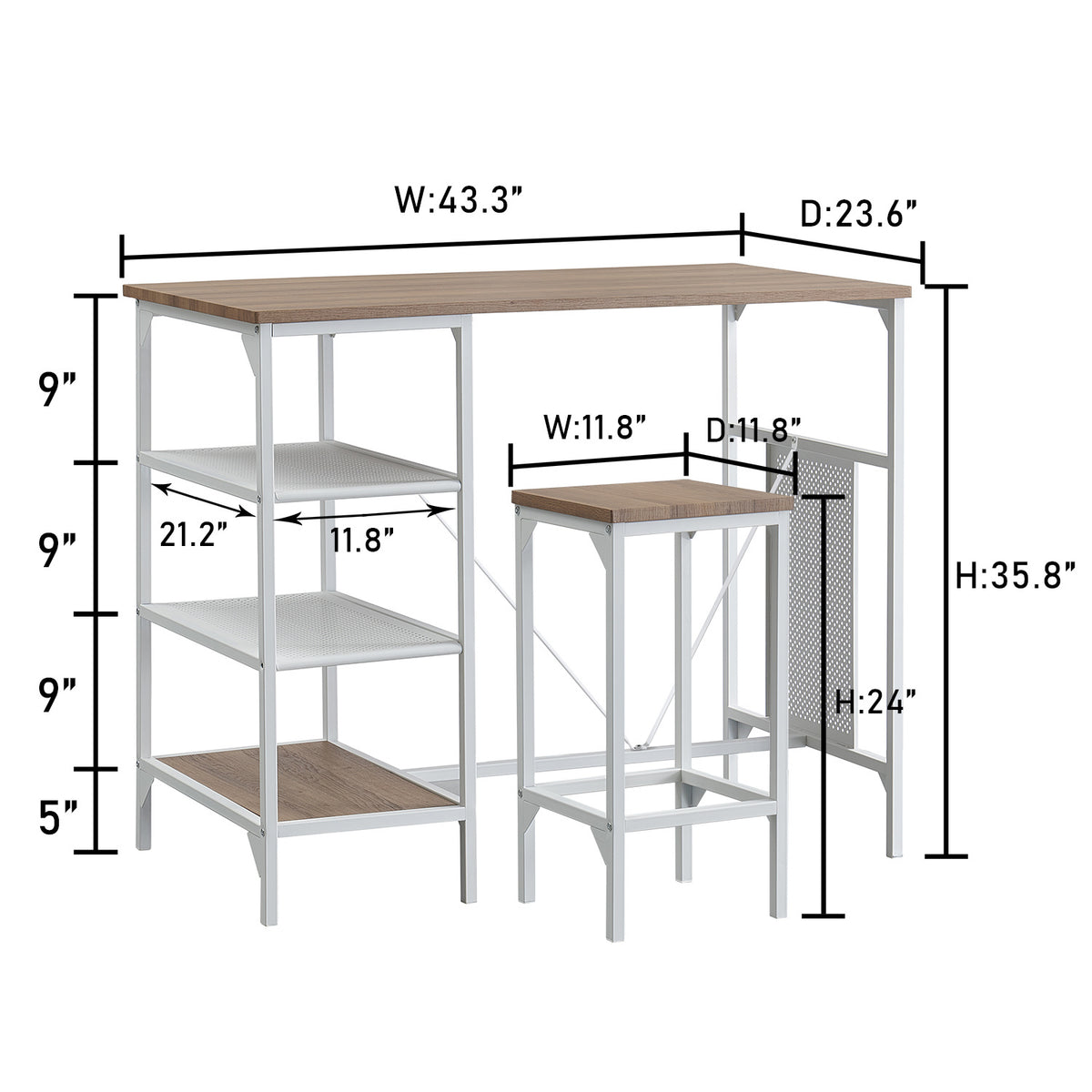 5 Piece Counter Height Dining Table Set, Industrial Style Bar Pub Table with 4 Backless Bar stools for Home, Oak Finish YJ