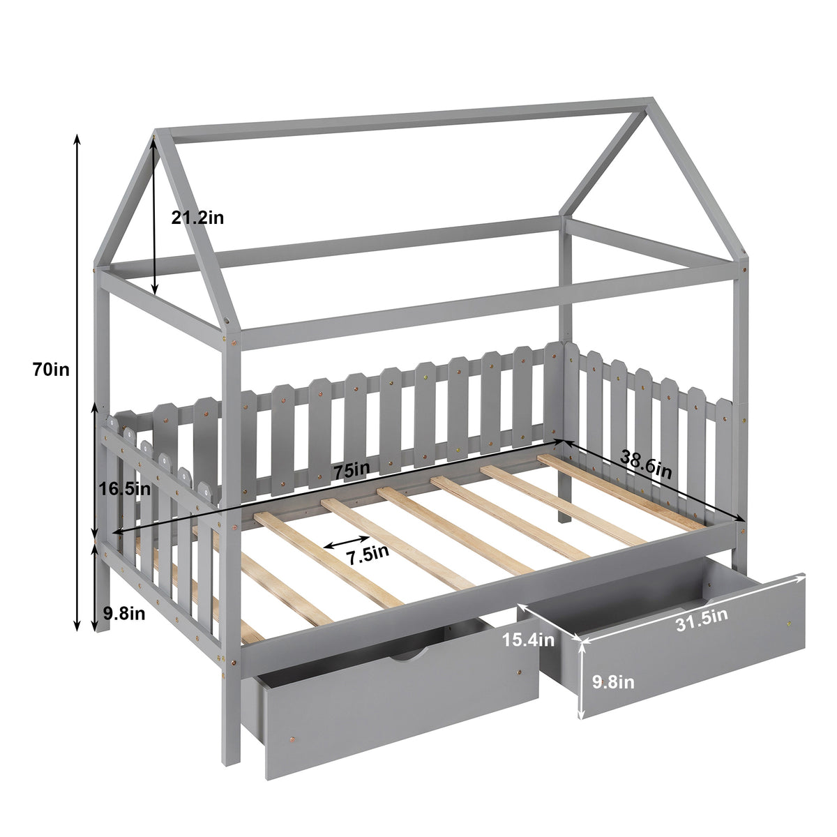 Twin Size House Bed with drawers, Fence-shaped Guardrail