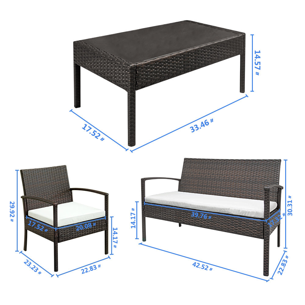 Outdoor 2pcs Arm Chairs 1pc Love Seat & Tempered Glass Coffee Table Rattan Sofa Set XH