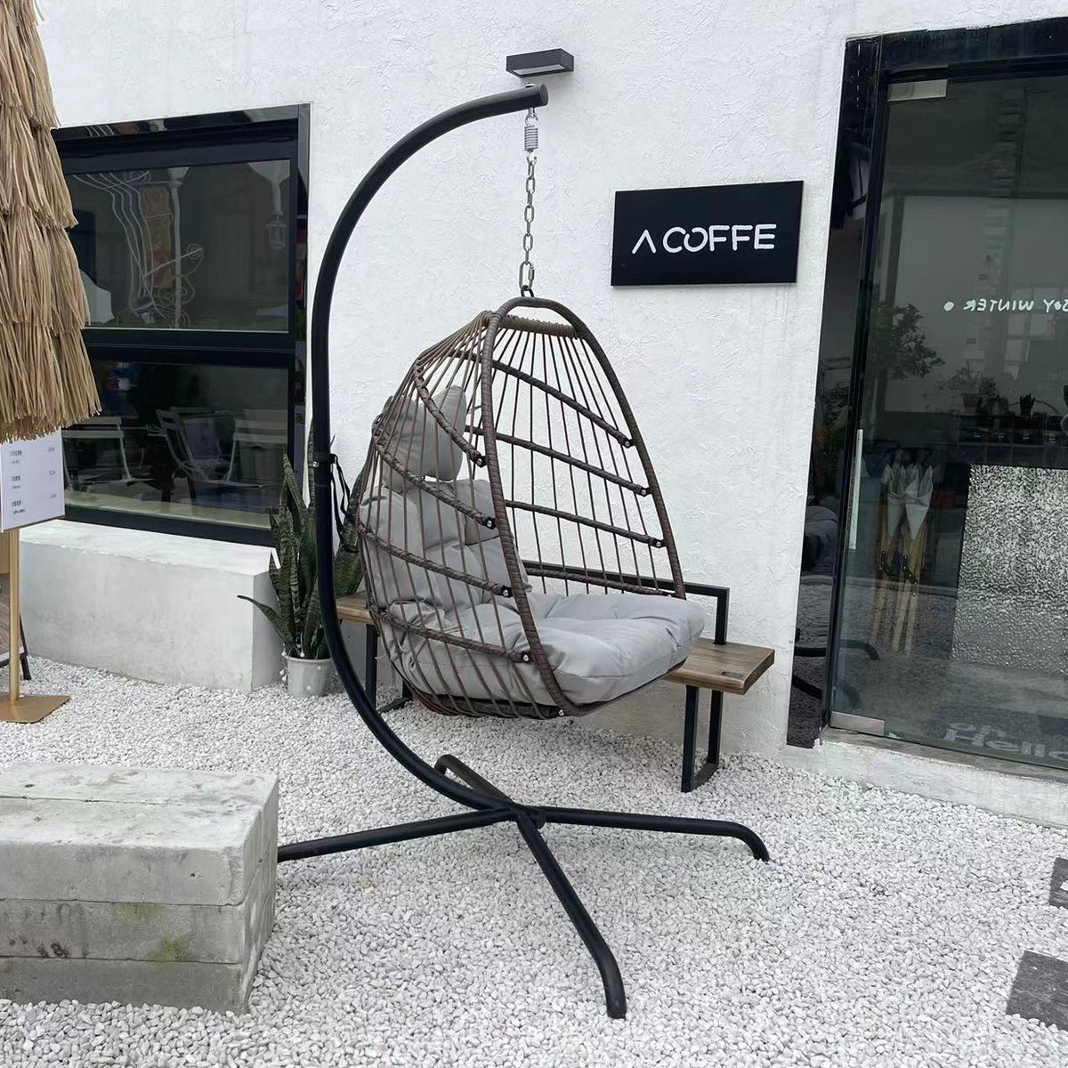 Swing Egg Chair with Stand Indoor Outdoor Wicker Rattan Patio Basket Hanging Chair with C Type bracket , with cushion and pillow Banned from selling on Amazon.(Black New arrivals within 10 days)