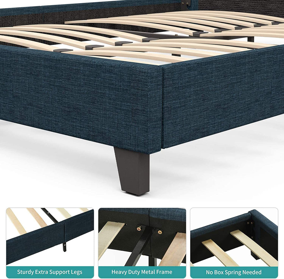 mecor Upholstered Linen Platform Bed Frame | Queen Bed Frame with Fabric Headboard / Strong Wood Slats Support / Easy Assembly - Queen Size in Blue Cloth--YS