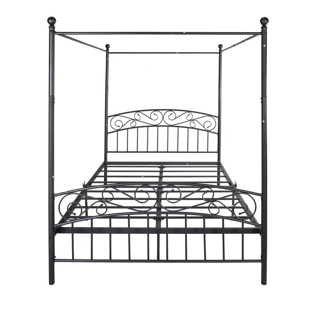 Metal Canopy Bed Frame with Ornate European Style Headboard &amp; Footboard Sturdy Steel Holds 600lbs Perfectly Fits Your Mattress Easy DIY Assembly All Parts Included, Queen Black