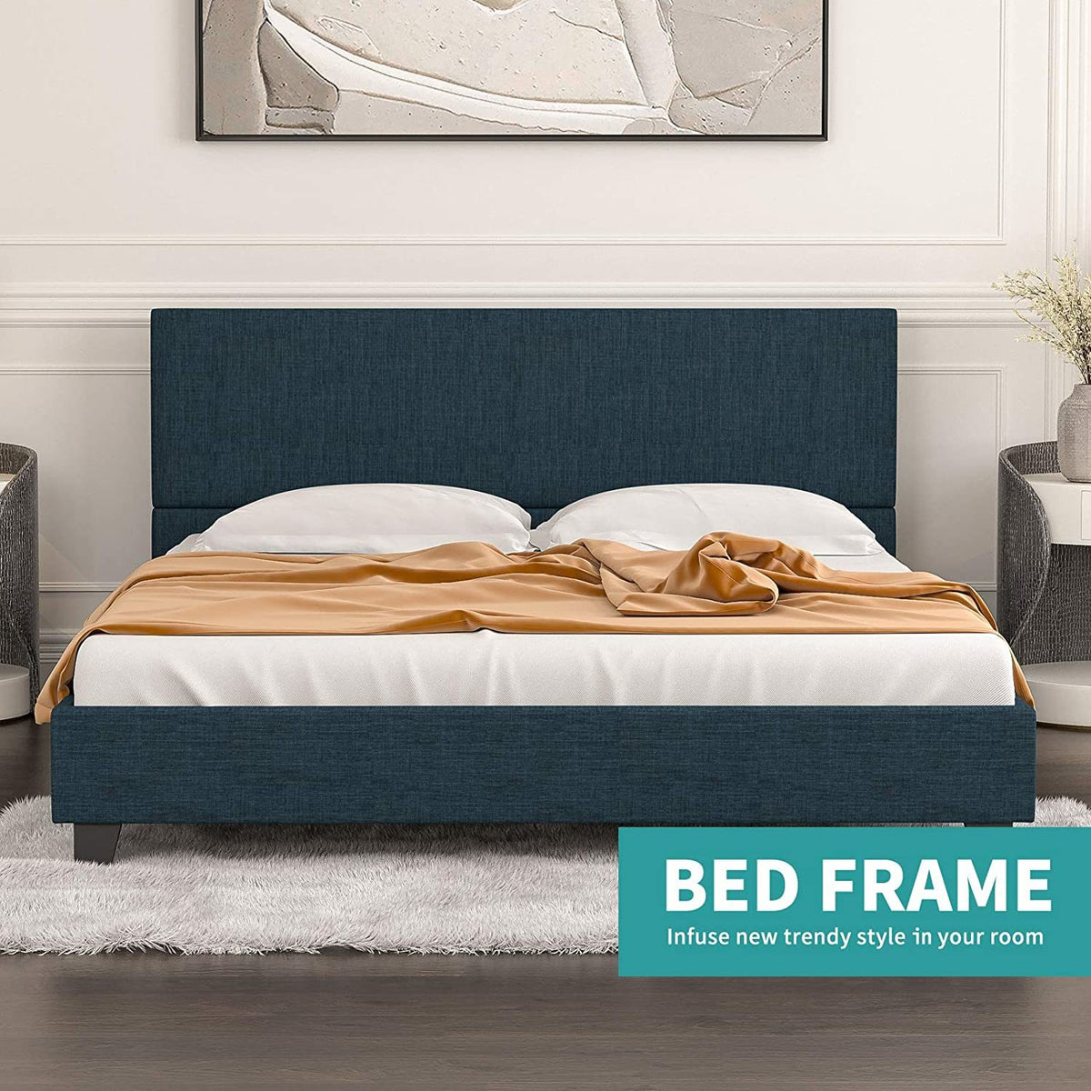 mecor Upholstered Linen Platform Bed Frame | Queen Bed Frame with Fabric Headboard / Strong Wood Slats Support / Easy Assembly - Queen Size in Blue Cloth--YS