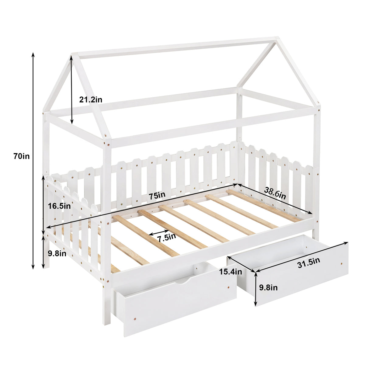 Twin Size House Bed with drawers, Fence-shaped Guardrail