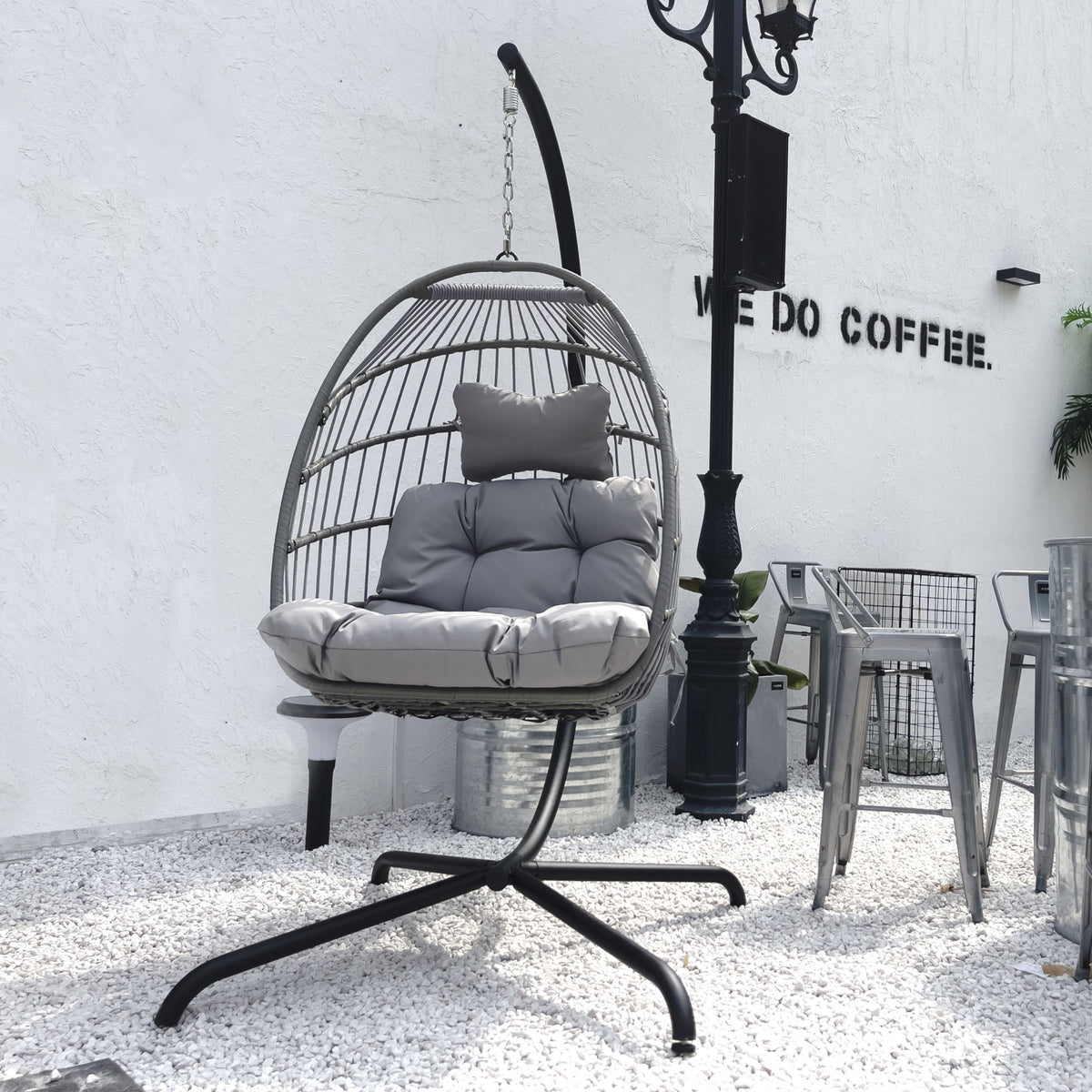 Swing Egg Chair with Stand Indoor Outdoor Wicker Rattan Patio Basket Hanging Chair with C Type bracket , with cushion and pillow Banned from selling on Amazon.(Black New arrivals within 10 days)