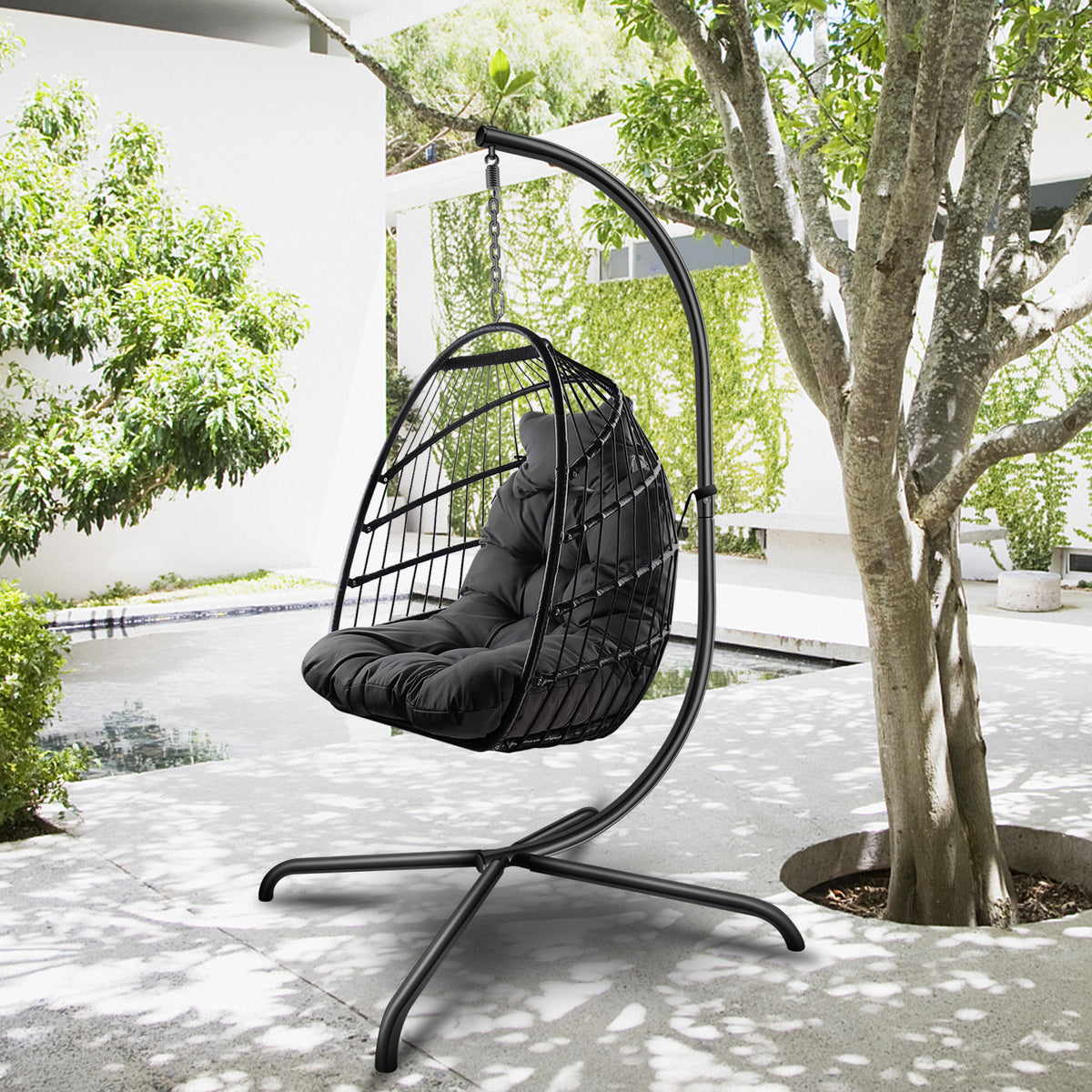 Swing Egg Chair with Stand Indoor Outdoor Wicker Rattan Patio Basket Hanging Chair with C Type bracket , with cushion and pillow Banned from selling on Amazon.(Black New arrivals within 10 days)