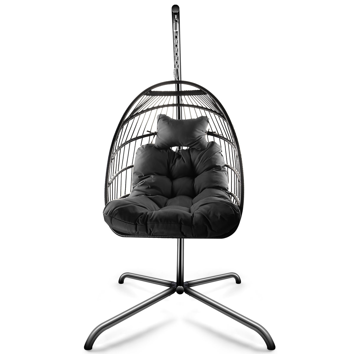 Swing Egg Chair with Stand Indoor Outdoor Wicker Rattan Patio Basket Hanging Chair with C Type bracket , with cushion and pillow Banned from selling on Amazon.(Black New arrivals within 10 days)