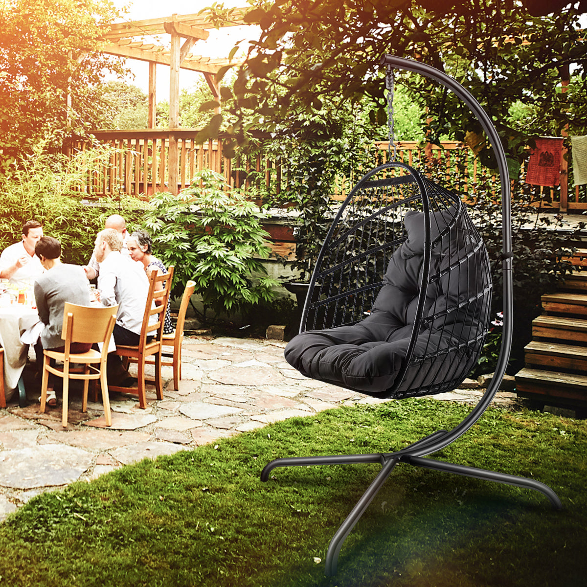 Swing Egg Chair with Stand Indoor Outdoor Wicker Rattan Patio Basket Hanging Chair with C Type bracket , with cushion and pillow Banned from selling on Amazon.(Black New arrivals within 10 days)