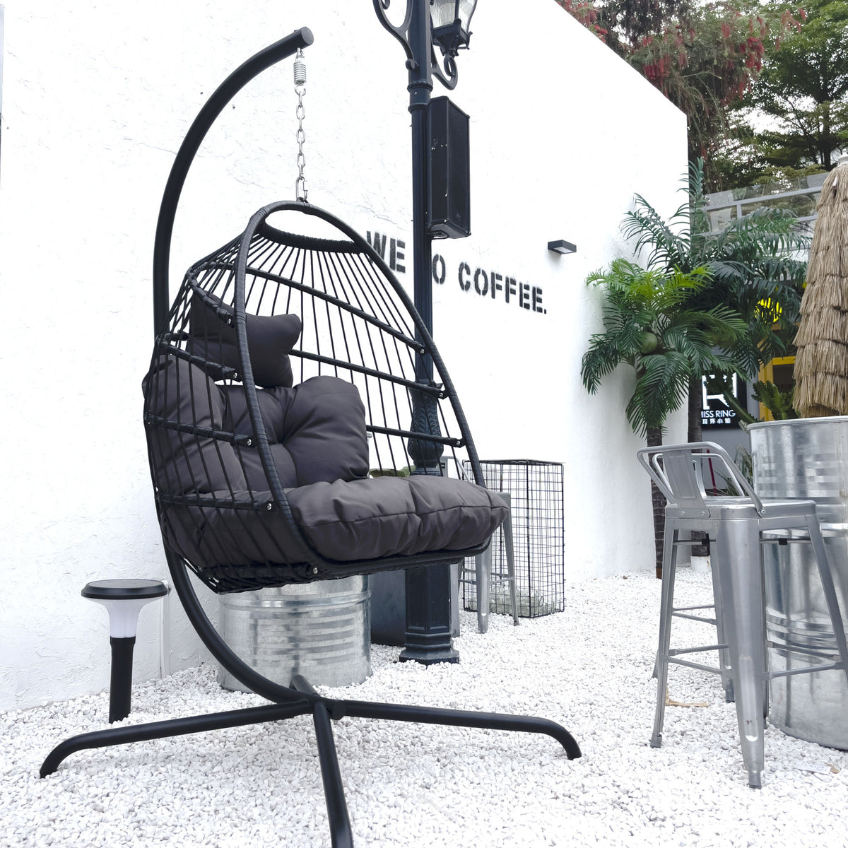 Swing Egg Chair with Stand Indoor Outdoor Wicker Rattan Patio Basket Hanging Chair with C Type bracket , with cushion and pillow Banned from selling on Amazon.(Black New arrivals within 10 days)