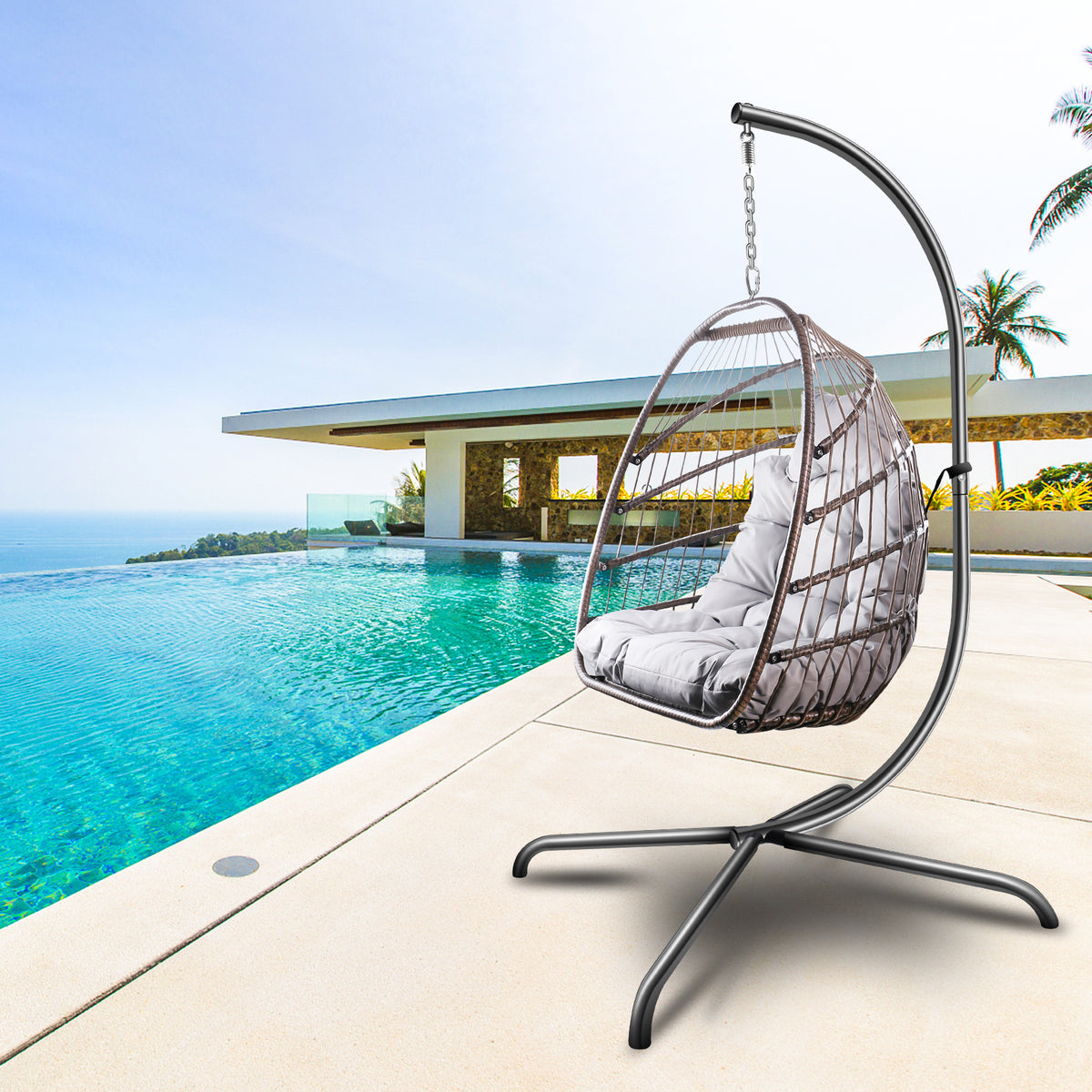 Swing Egg Chair with Stand Indoor Outdoor Wicker Rattan Patio Basket Hanging Chair with C Type bracket , with cushion and pillow Banned from selling on Amazon.(Black New arrivals within 10 days)