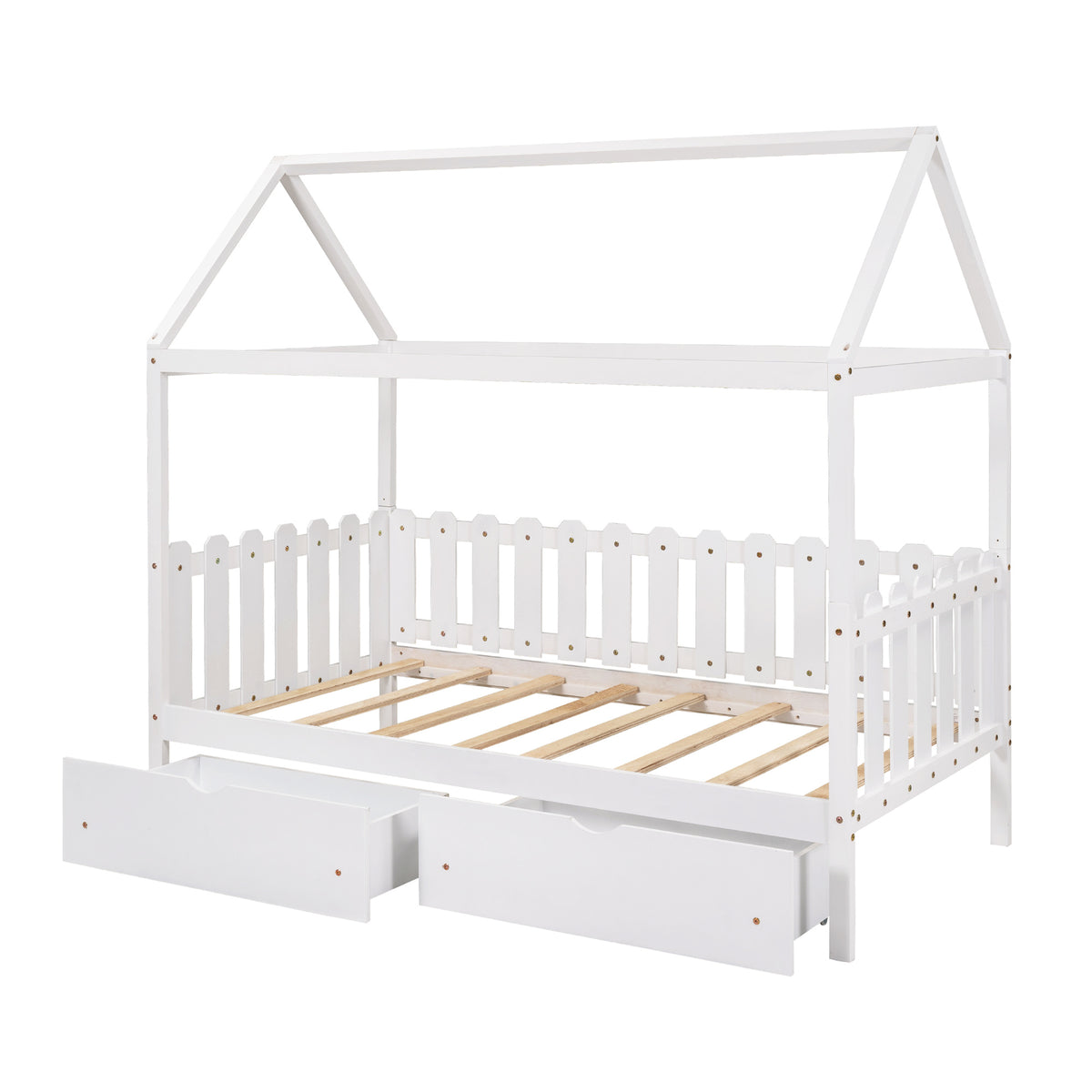 Twin Size House Bed with drawers, Fence-shaped Guardrail