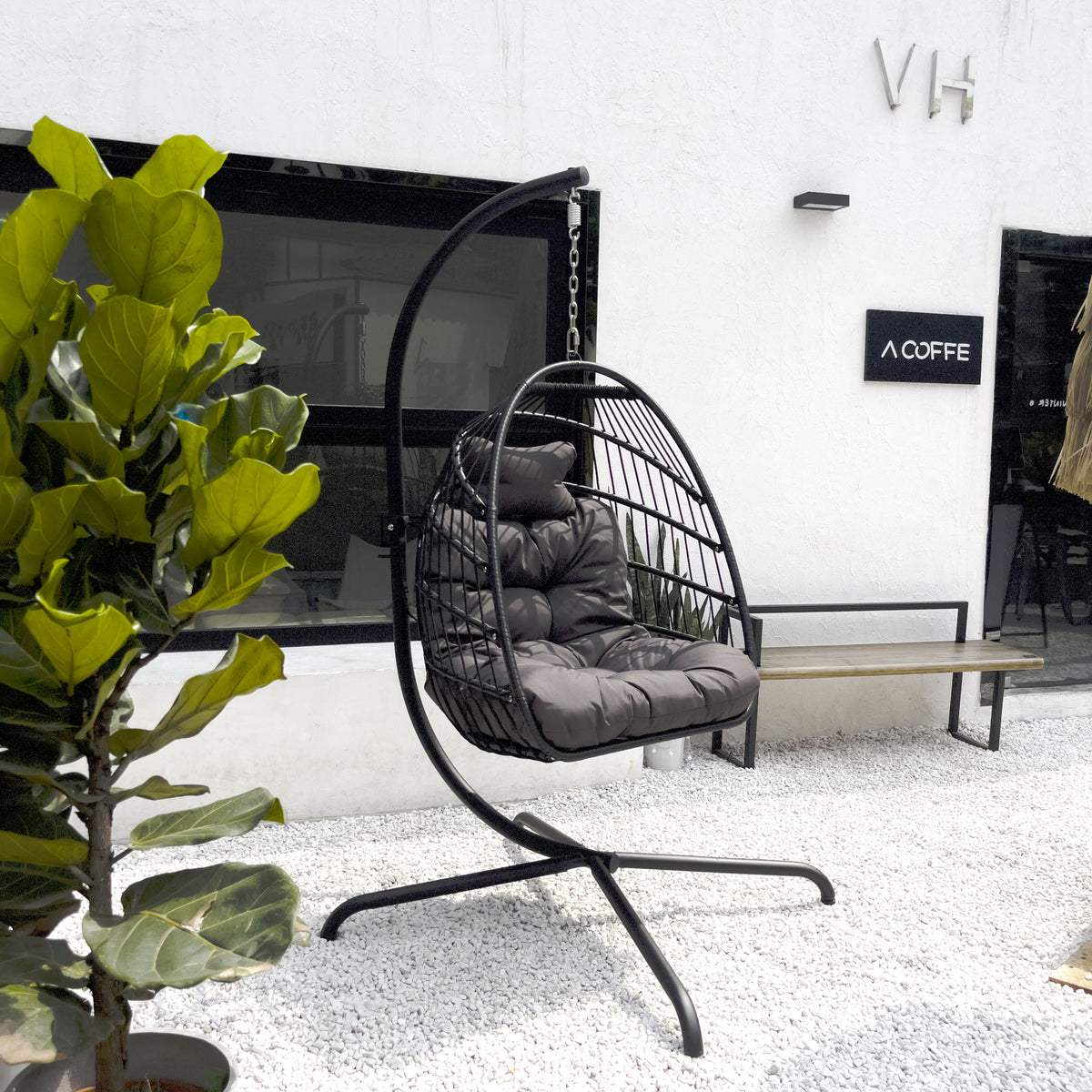 Swing Egg Chair with Stand Indoor Outdoor Wicker Rattan Patio Basket Hanging Chair with C Type bracket , with cushion and pillow Banned from selling on Amazon.(Black New arrivals within 10 days)